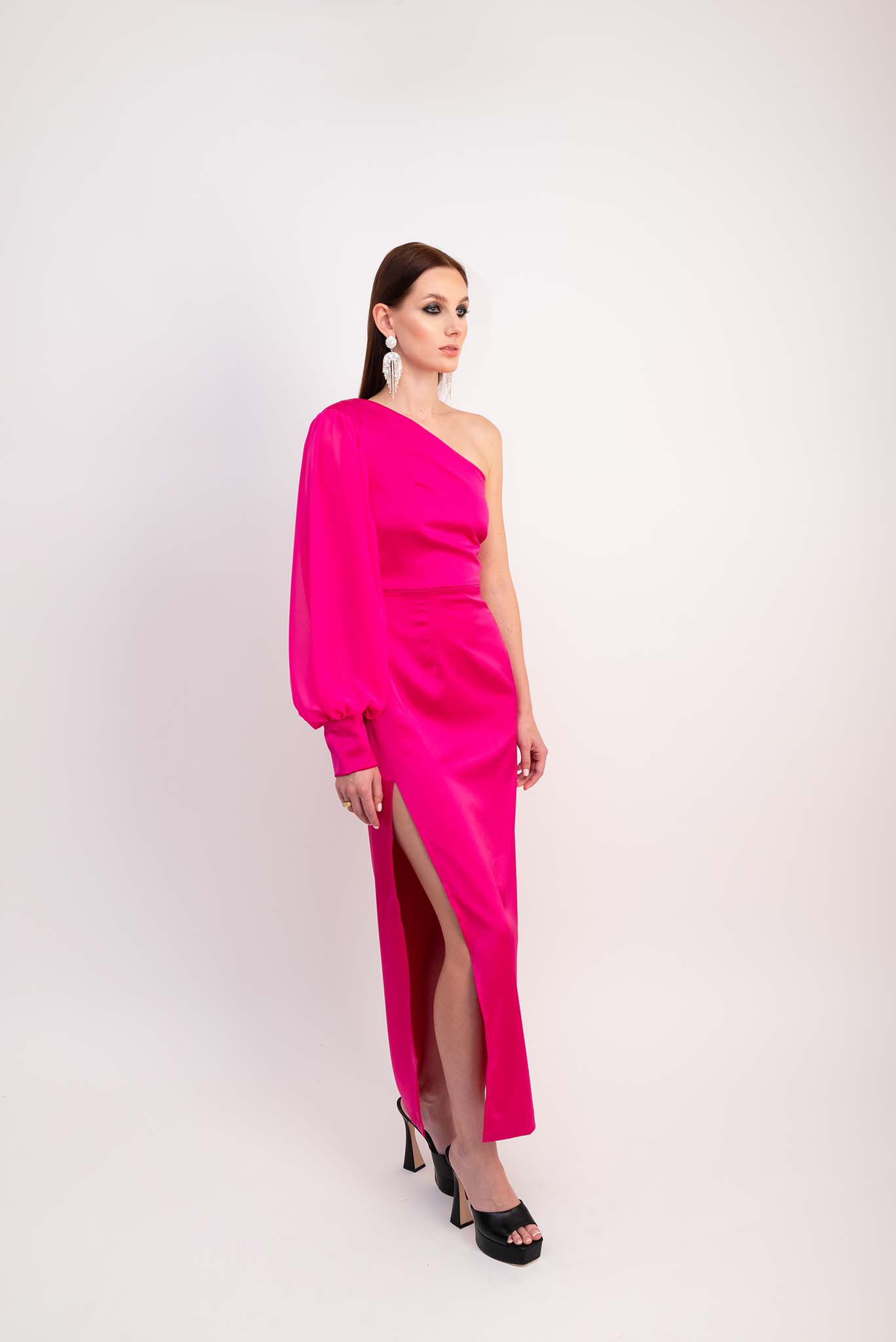 IRA by Irini Charalampous, @irathebrand online shop fashionable ready-to-wear womenswear brand satin dress MARISSA color fuchsia high heels Cyprus Greece